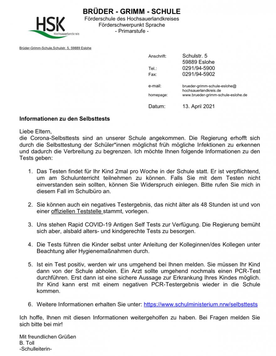 Meldung Elternbrief Vom 13 April 2021 Bruder Grimm Schule